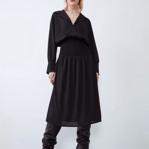 ZARA elastic waist long sleeve black midi dress